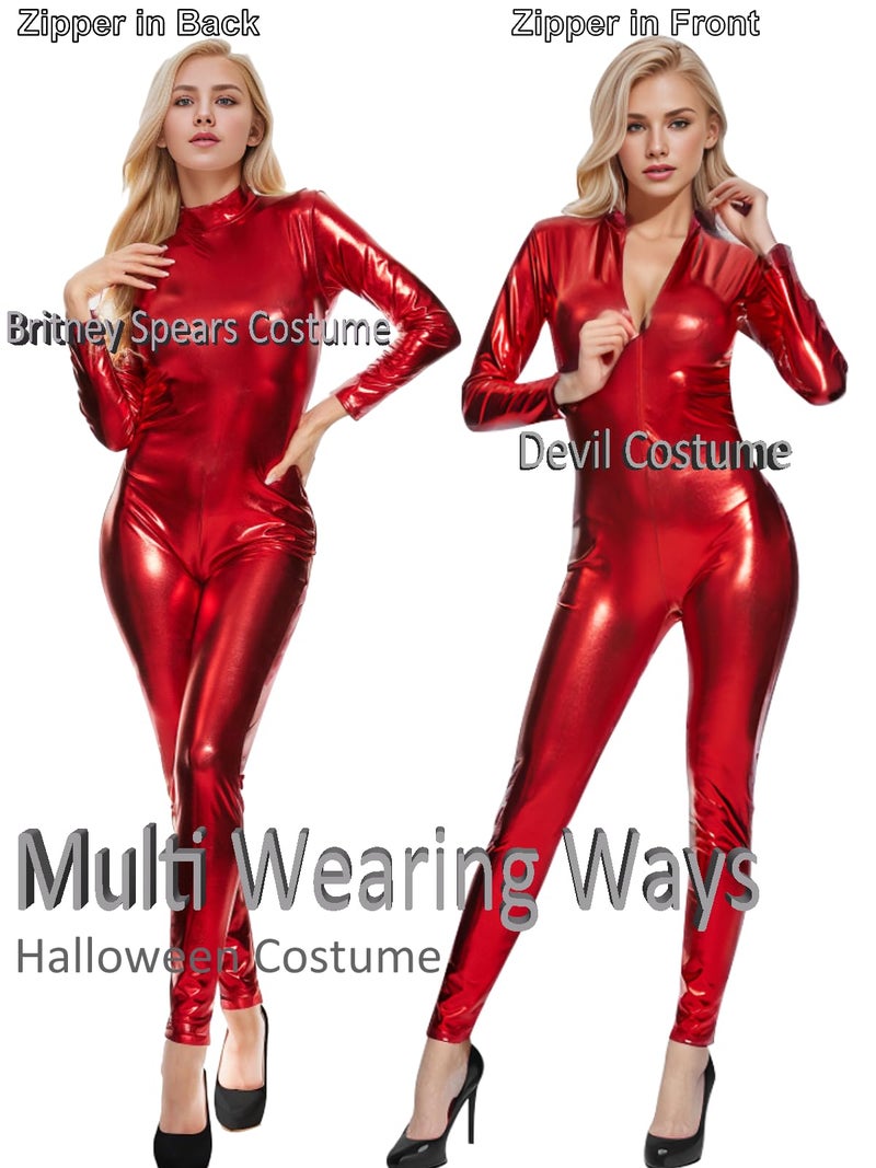 Kepblom Shiny Metallic Unitard Turtleneck Long Sleeve Footless Zentai Suit Catsuit Dancewear - Image 1